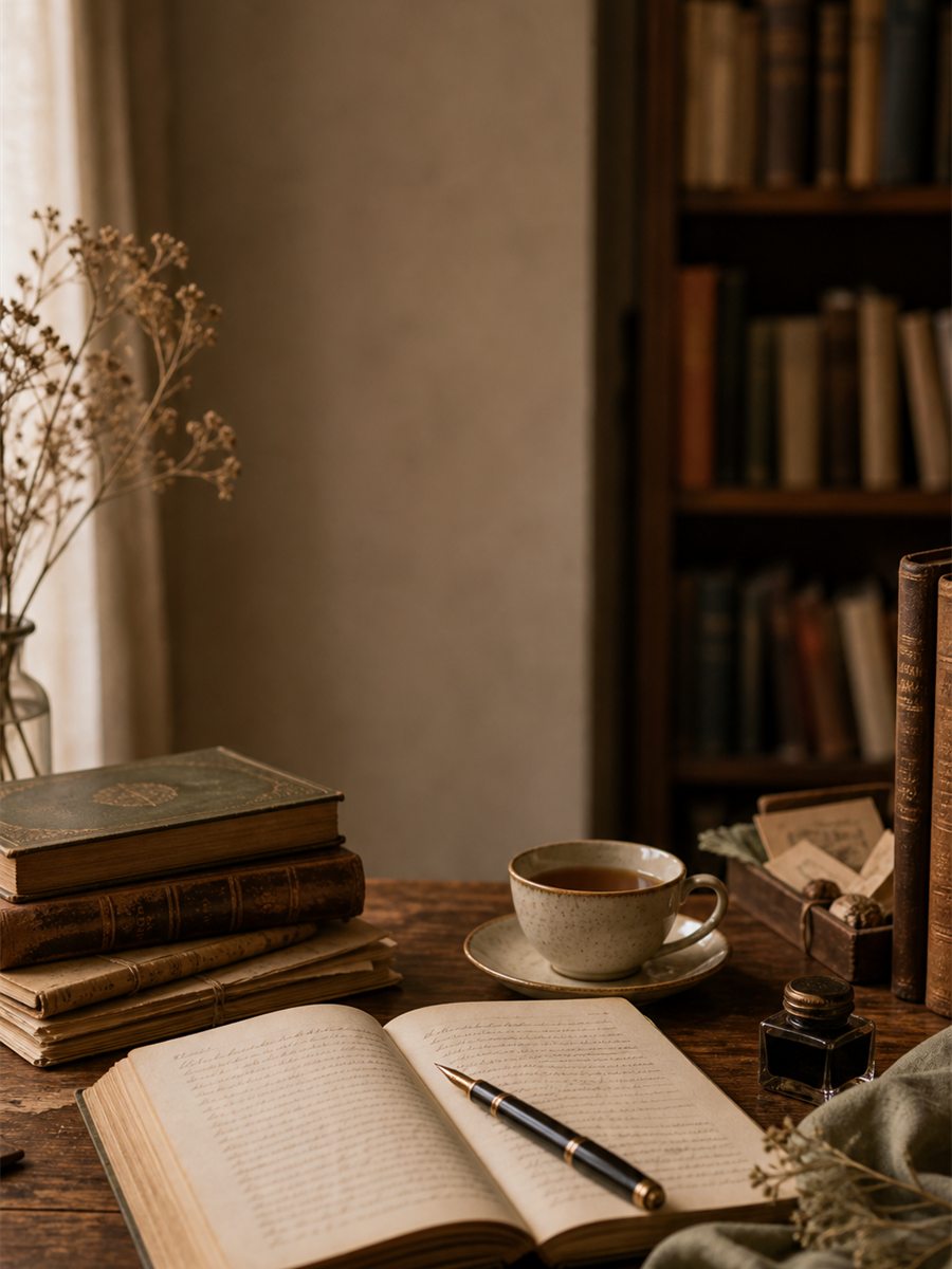 Открытая рукопись, перо и старые книги на деревянном столе